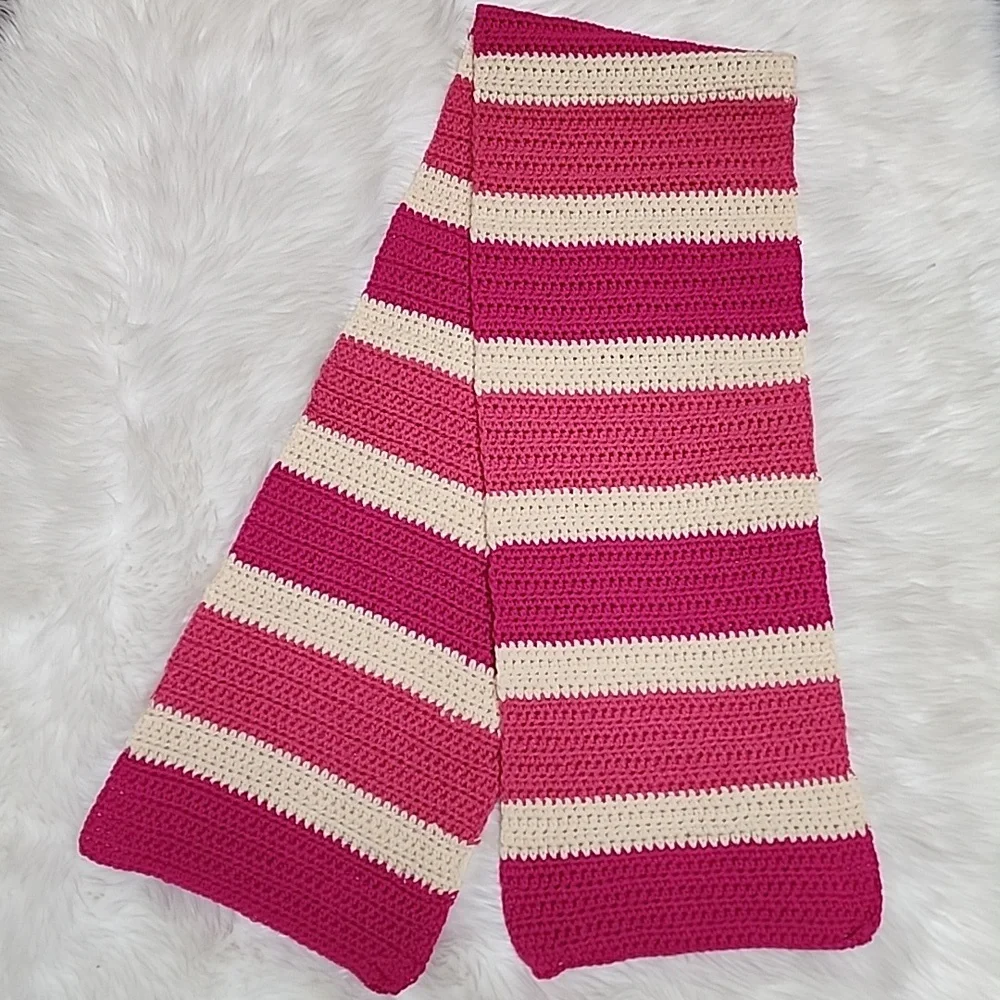 Handmade Cozy Pink & Cream Striped Crocheted Scarf Unisex - New